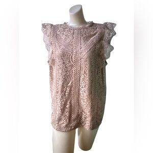 Cable & Gauge Lace Ruffle Sleeve Blouse - Beige 1X